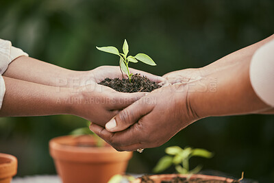 Buy stock photo Cropped shot of two unrecognisable people holding a plant growing out of soil in nature