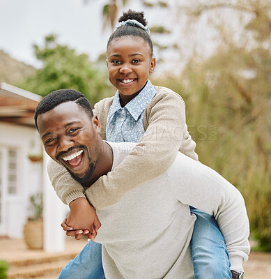 Buy stock photo Cropped portrait of a handsome young man piggybacking his daughter outside