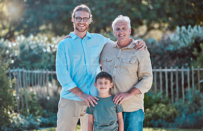 Buy stock photo Family, man and child with grandfather in portrait, nature and outside for bonding with love or generations together. Park, home lawn and people smiling with happiness, relationship and weekend break