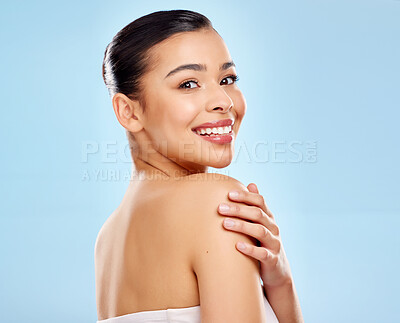 Buy stock photo Happy, shoulder and portrait of woman for skincare, wellness and aesthetics for beauty in studio. Model girl, cosmetics and dermatology treatment with collagen for fine lines, glow and confidence  