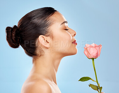 Buy stock photo Studio shot of an attractive young woman smelling a pink rose against a blue background