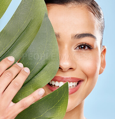 Buy stock photo Woman, skincare portrait and plant leaf with eco friendly beauty for skin glow and healthy shine in studio. Model girl, dermatology and monstera for sustainable or natural cosmetic by blue background