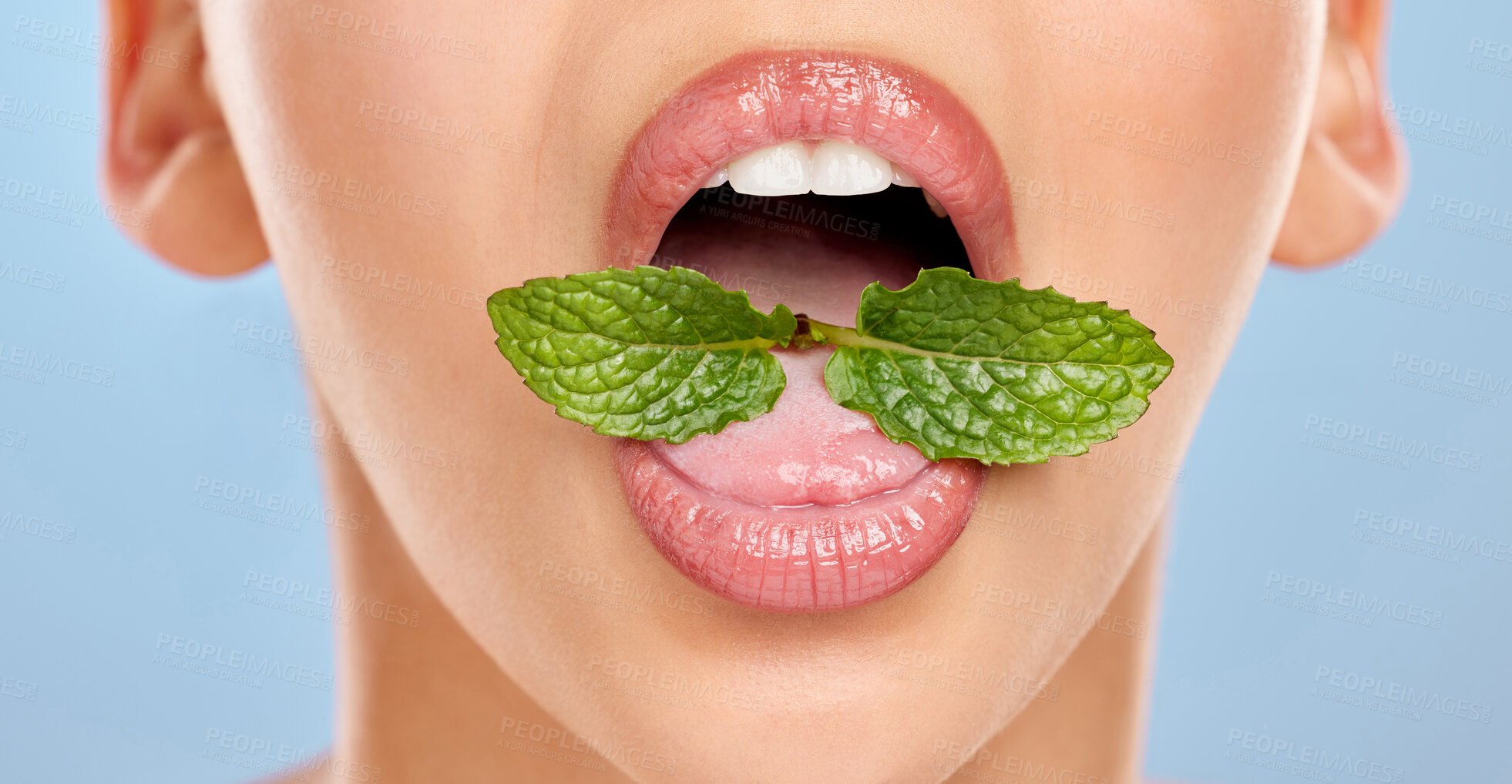 Buy stock photo Studio shot of an unrecognisable woman posing with mint leaves in her mouth against a blue background