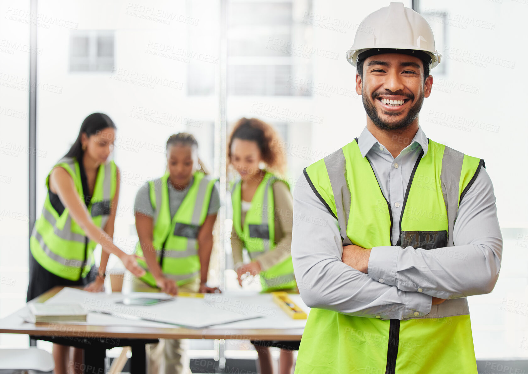 Buy stock photo Architecture, man portrait and arms crossed in office planning, team leadership or project management. Engineering, floor plan and happy asian person, contractor or leader in construction development