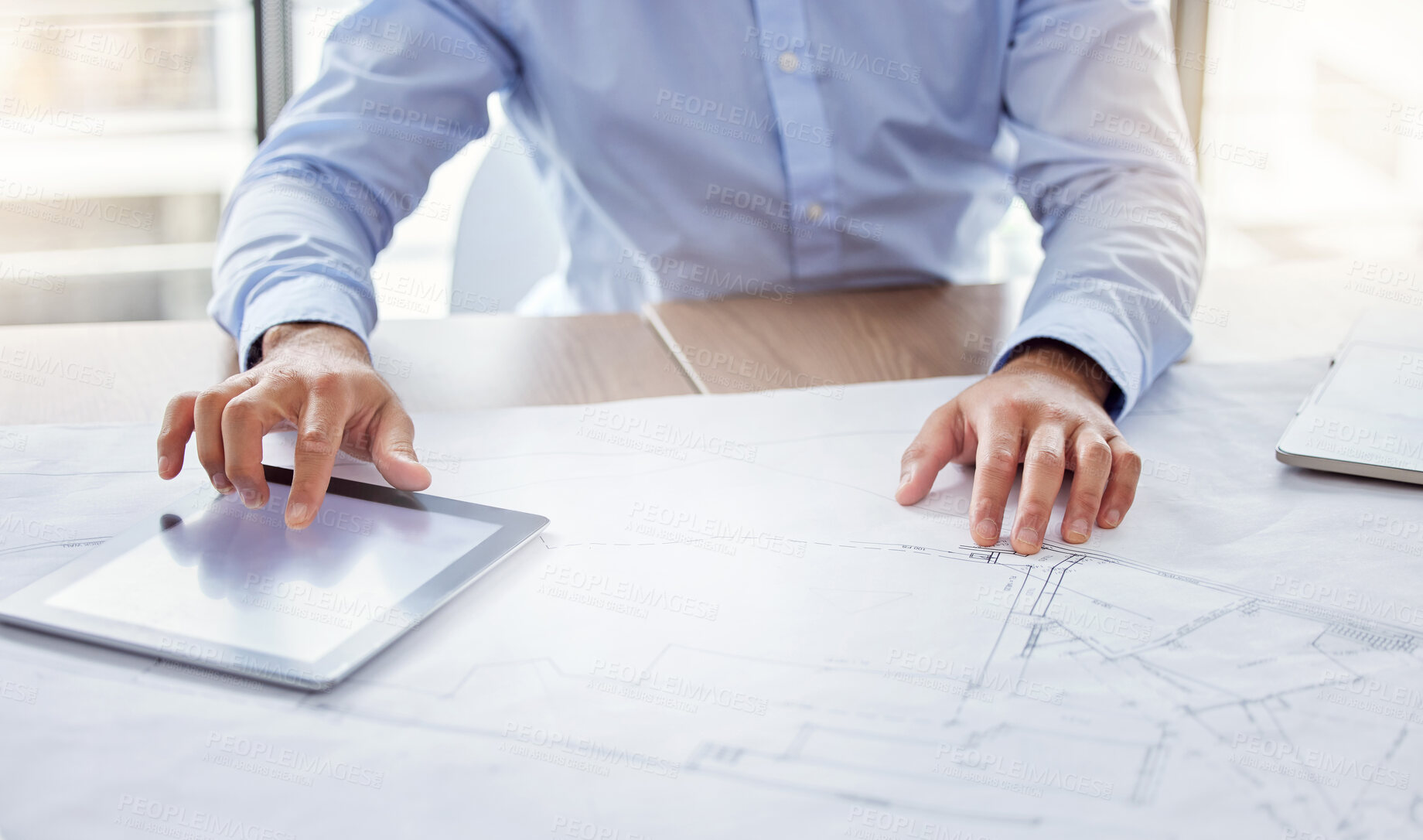 Buy stock photo Businessperson, architect and hands with tablet or blueprint for construction planning, brainstorming or design on desk. Fingers, floor plan or engineer with tech, document or paperwork for project