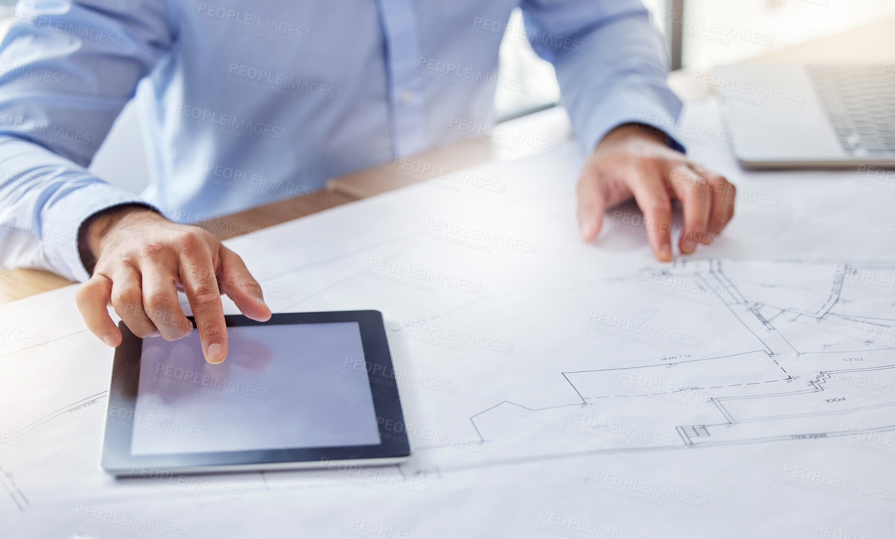 Buy stock photo Business person, architect and hands with tablet screen or blueprint for construction planning or brainstorming on desk. Engineer or designer with technology, document or paperwork for architecture