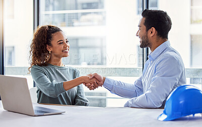 Buy stock photo Engineering, handshake and woman with partner for construction planning, thank you and success or deal in office. B2b, onboarding and architecture meeting of contractor or happy people shaking hands