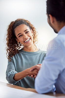 Buy stock photo Interview, success and business people with handshake in office for welcome, thank you or onboarding. Smile, hiring and lady HR shaking hands with man employee in recruitment, deal or congratulations