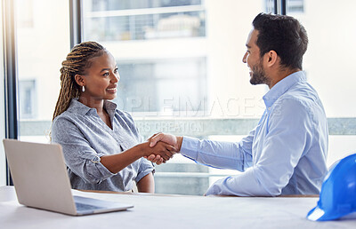 Buy stock photo Architecture, handshake and woman with partner for construction planning, thank you and success or deal in office. B2b, diversity and engineering meeting of contractor or happy people shaking hands