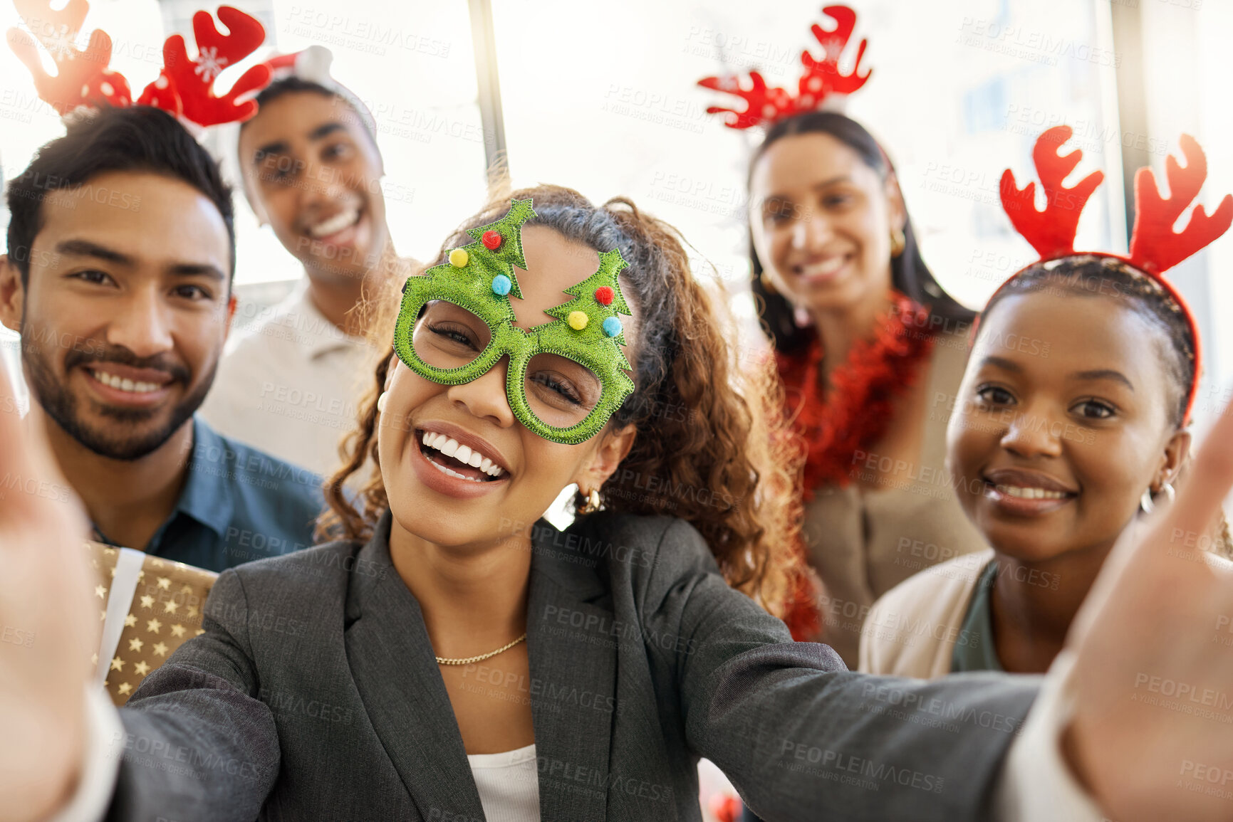 Buy stock photo Happy, portrait and business people with selfie for christmas party, event or celebration at office. Group of employees with smile for picture, photography or memory on december holiday at workplace