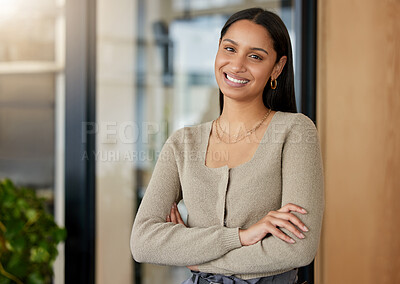 Buy stock photo Portrait, arms crossed and business woman, designer or professional in office workplace. Face, creative and smile of female entrepreneur or confident design person from India with pride for career.