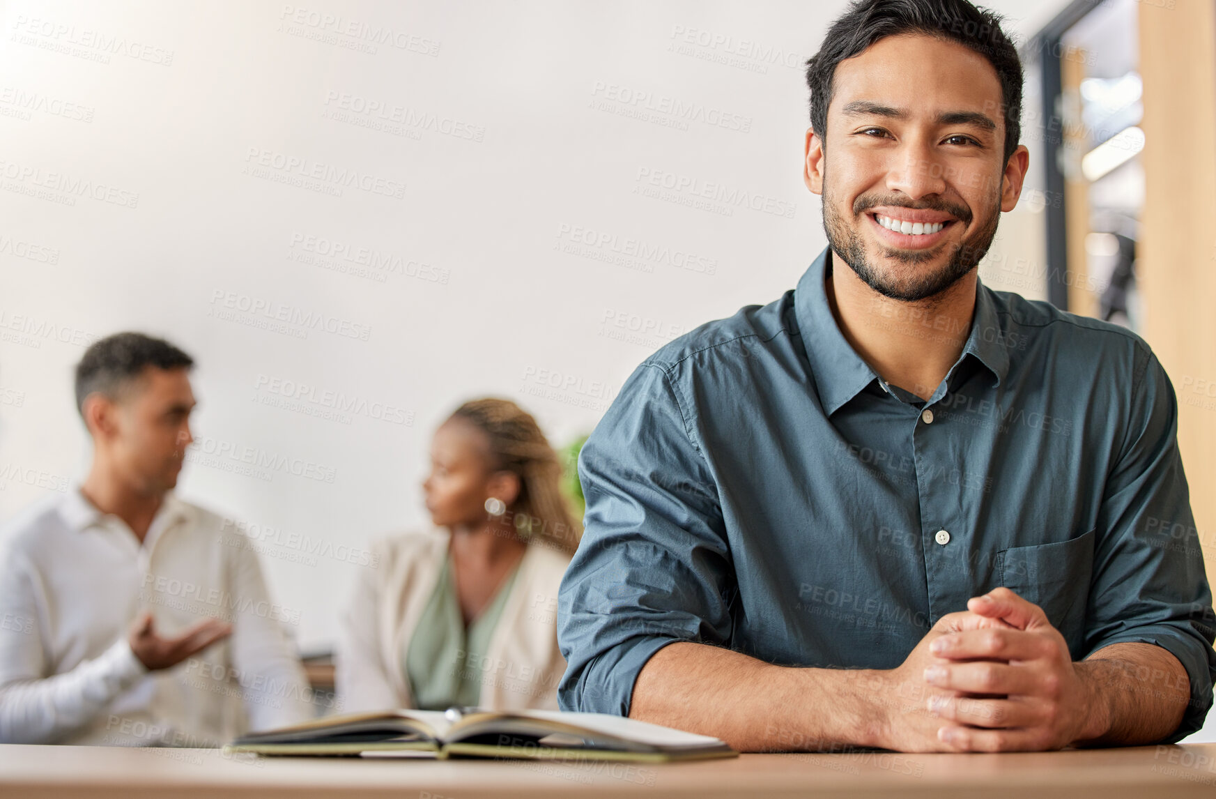 Buy stock photo Happy businessman, portrait and notebook with confidence for creative career, ambition or teamwork at office. Asian man or employee with smile for proud job, startup or ready for meeting at workplace