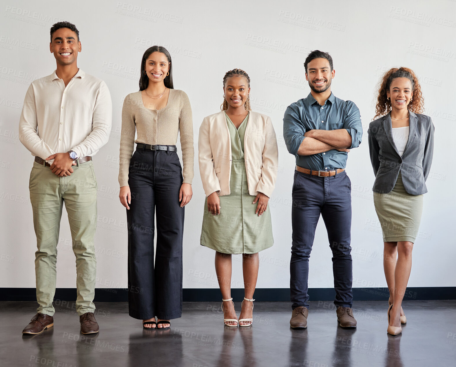 Buy stock photo Happy, portrait and business people with confidence in waiting room for interview, career or job opoortunity. Creative group of young employees, interns and smile in row, line or startup at workplace