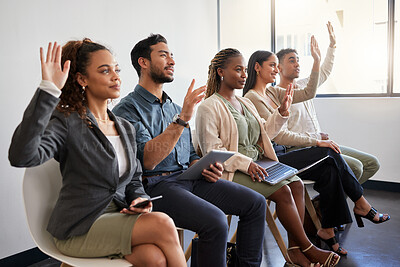 Buy stock photo Seminar, workshop and business people in an office with questions in training at work. Happy, team and group of employees sitting in a line at an agency with a vote, volunteering or recruitment