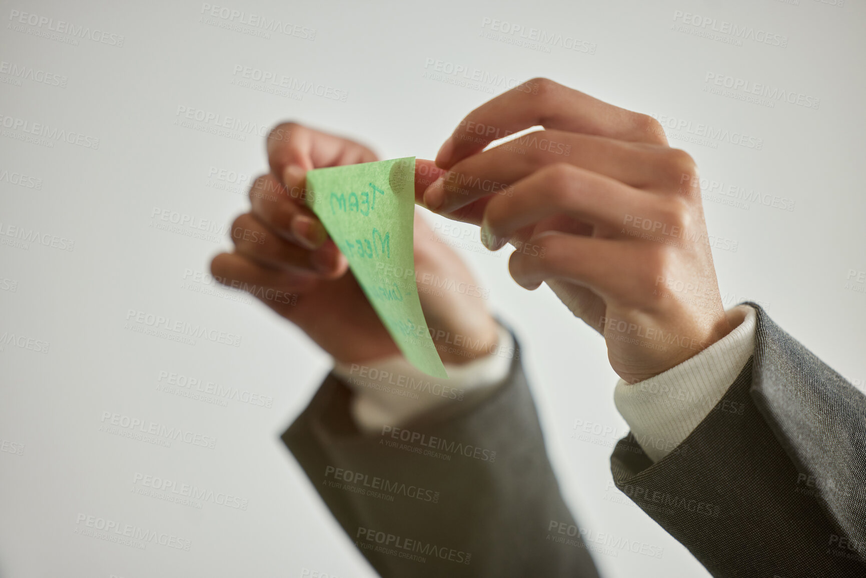 Buy stock photo Business person, hands and sticky note with message for schedule planning, task or reminder on agenda at office. Closeup of employee or planner with alert, notification or checklist at workplace