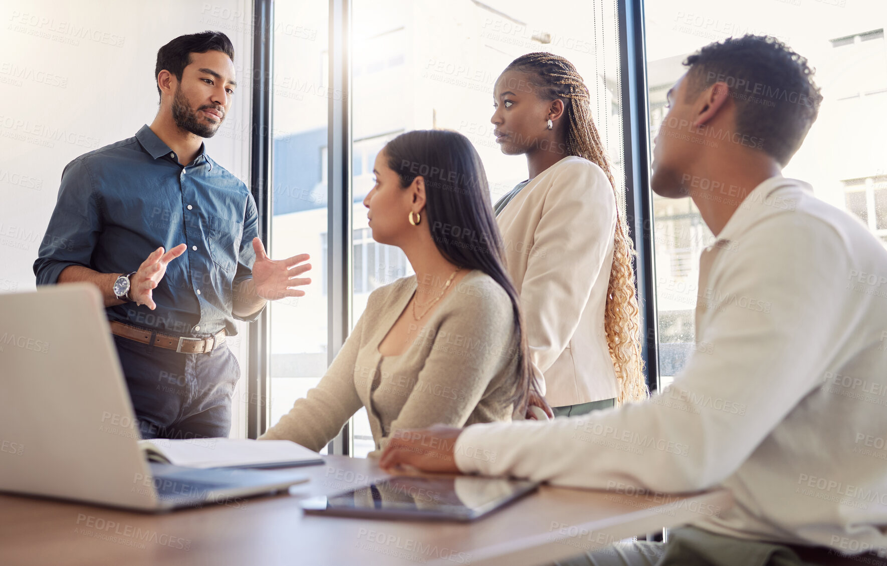 Buy stock photo Collaboration, group teamwork and business people with laptop and boss with communication in a office. Working, tech and creative writer staff with advice, talking and discussion for digital project