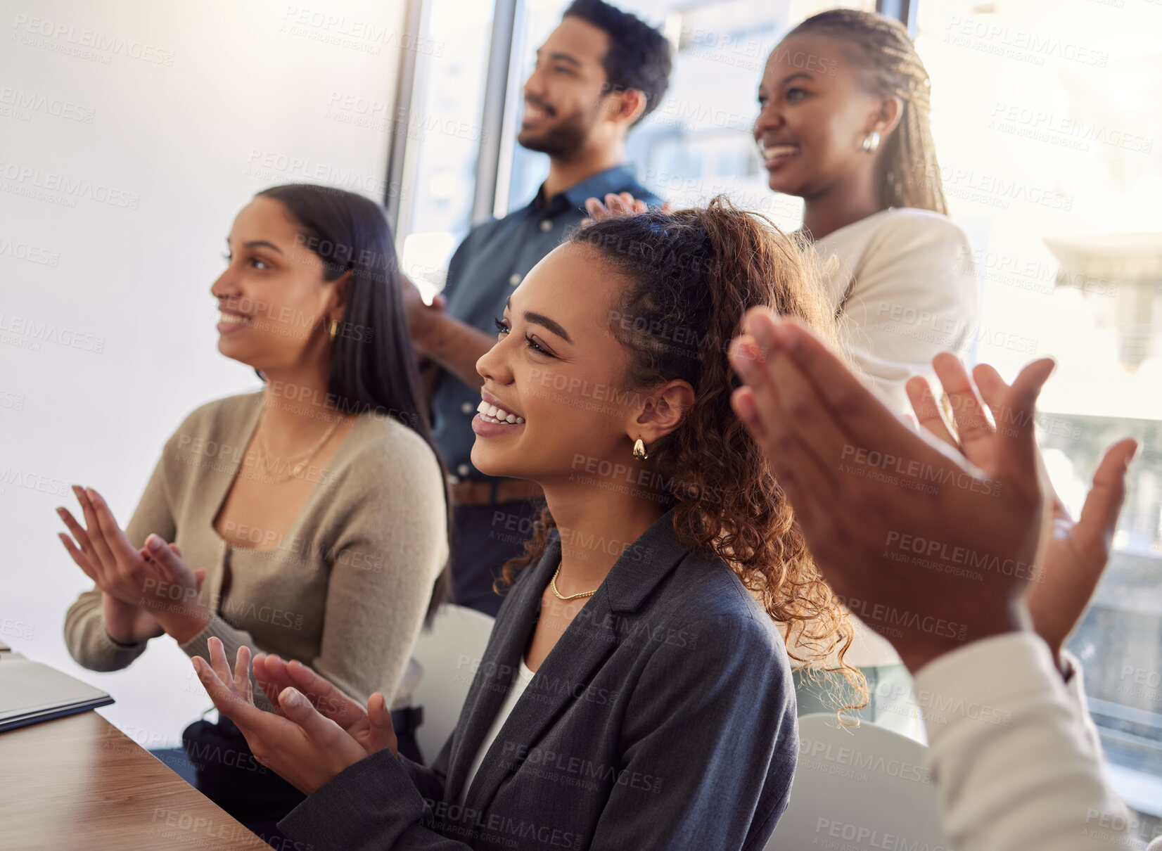 Buy stock photo Happy business woman, team and applause in meeting, tradeshow or achievement of success, award or feedback in seminar. Diversity, employees or clapping to celebrate presentation, conference or praise