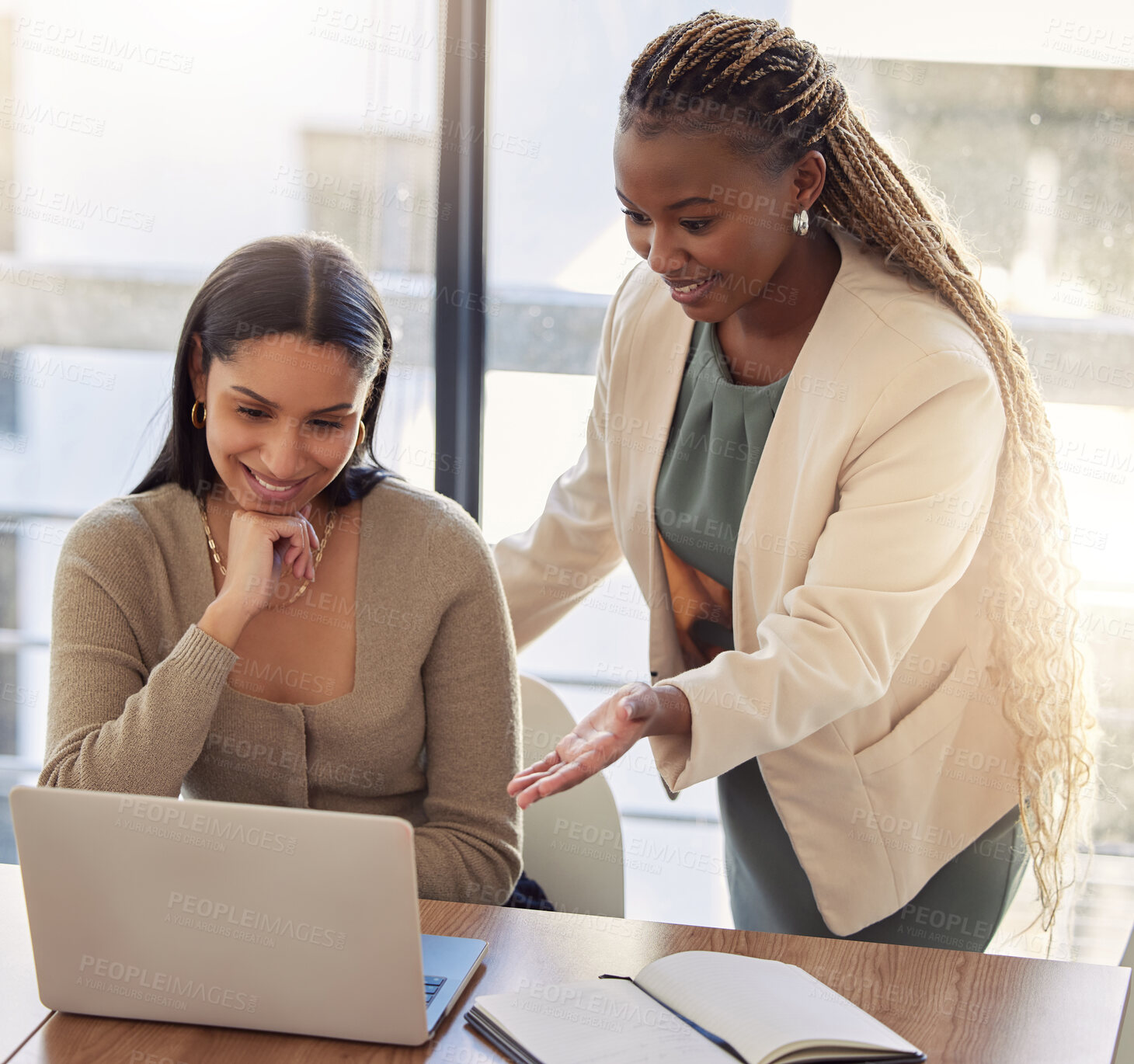 Buy stock photo Collaboration, teamwork and business women with laptop and boss with communication in a office. Working, tech and creative writer staff with web advice, talking and discussion for digital project