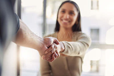 Buy stock photo Handshake, partnership and agreement with a business woman and colleague in an office for a meeting. Thank you, collaboration and trust with people shaking hands together in a corporate workplace