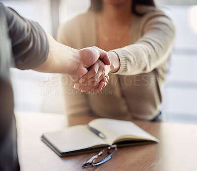 Buy stock photo Business people, closeup and handshake in meeting, interview and welcome to b2b partnership, offer promotion or trust. Team, HR negotiation or shaking hands to support deal, onboarding or recruitment