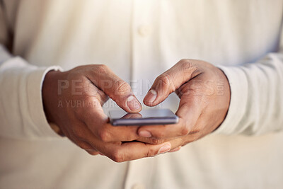 Buy stock photo Person, hands and typing on smartphone, search social media app and update subscription. Closeup, cellphone user and download mobile games, scroll digital network or reading notification from contact