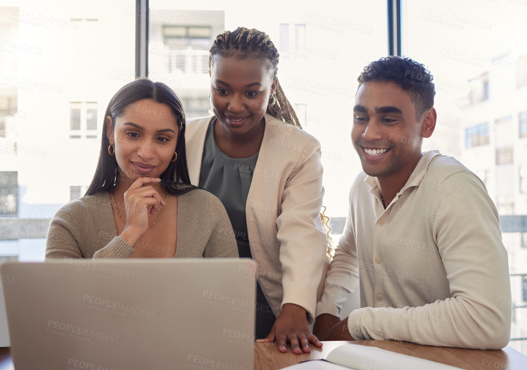 Buy stock photo Collaboration, teamwork and business people with laptop and boss with communication in a office. Working, tech and creative writer staff with web advice, talking and discussion for digital project