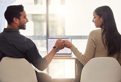 Buy stock photo Man, woman and business fist bump for meeting laptop or partnership, winning or goal strategy. Colleagues, hands and happy company office in collaboration trust for mission deal, career for target