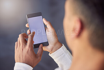 Buy stock photo Person, hands and space on screen of phone of information, newsletter notification or social media post from above. Closeup, smartphone or UX mockup for announcement, download or subscription at home