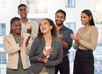 Buy stock photo Business people, applause and happy in office with celebration, winner and success for promotion. Corporate, employee and teamwork with clapping hands for support and achievement at workplace or job 