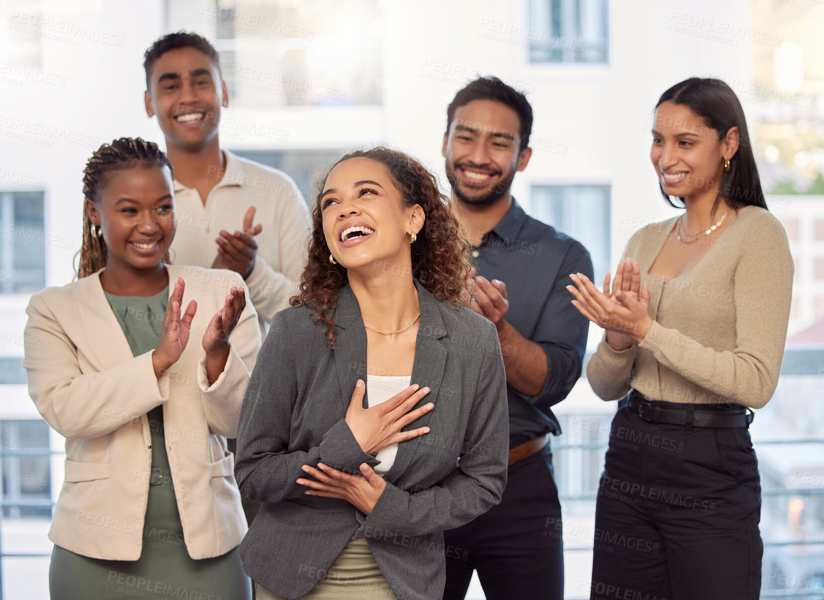 Buy stock photo Business people, applause and happy in office with celebration, winner and success for promotion. Corporate, employee and teamwork with clapping hands for support and achievement at workplace or job 