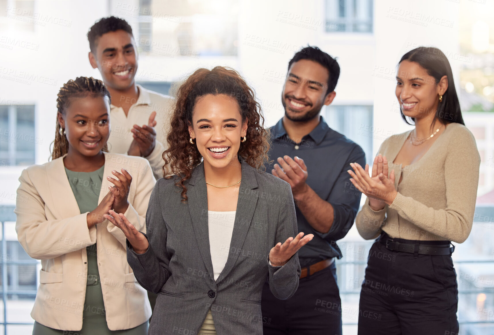 Buy stock photo Portrait, support and applause with a business team clapping for the achievement of a woman colleague in the office. Wow, win and motivation with a group of employees cheering for a female colleague