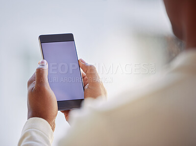 Buy stock photo Person, hands and mockup screen of phone for information, reading newsletter notification or social media post. Closeup, smartphone and UX space for announcement, download app or subscription at home