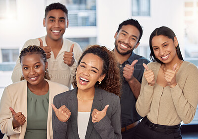 Buy stock photo Portrait, support or thumbs up with a business team celebrating an achievement of a woman leader in the office. Wow, winner and motivation with a group of colleagues employees with a female manager