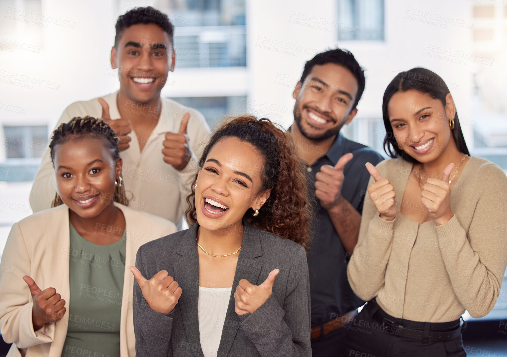 Buy stock photo Portrait, support or thumbs up with a business team celebrating an achievement of a woman leader in the office. Wow, winner and motivation with a group of colleagues employees with a female manager