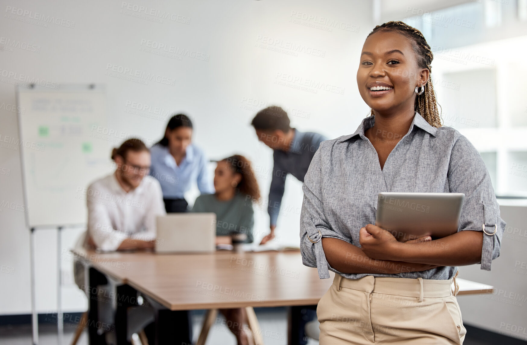 Buy stock photo Smile, boardroom and portrait of a black woman with a tablet for training, meeting or teamwork. Happy, business and a corporate employee with technology in a work office for company planning