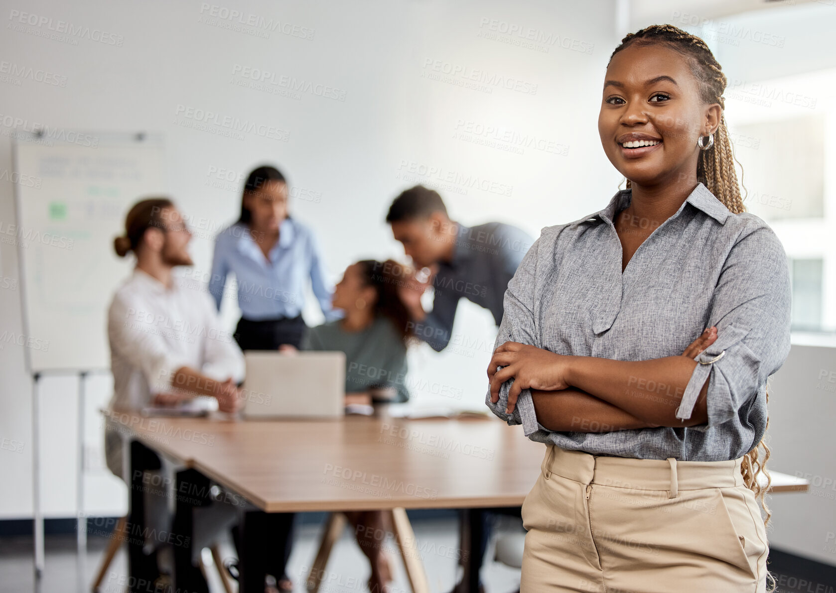 Buy stock photo Portrait, leadership and arms crossed with a business black woman in the office for a strategy meeting. Management, smile and a happy female leader standing in the workplace with a team of colleagues