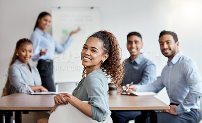 Buy stock photo Portrait, woman and business people in office with confidence, smile and presentation for teamwork. About us, workshop and happy employees with whiteboard for project management in meeting room