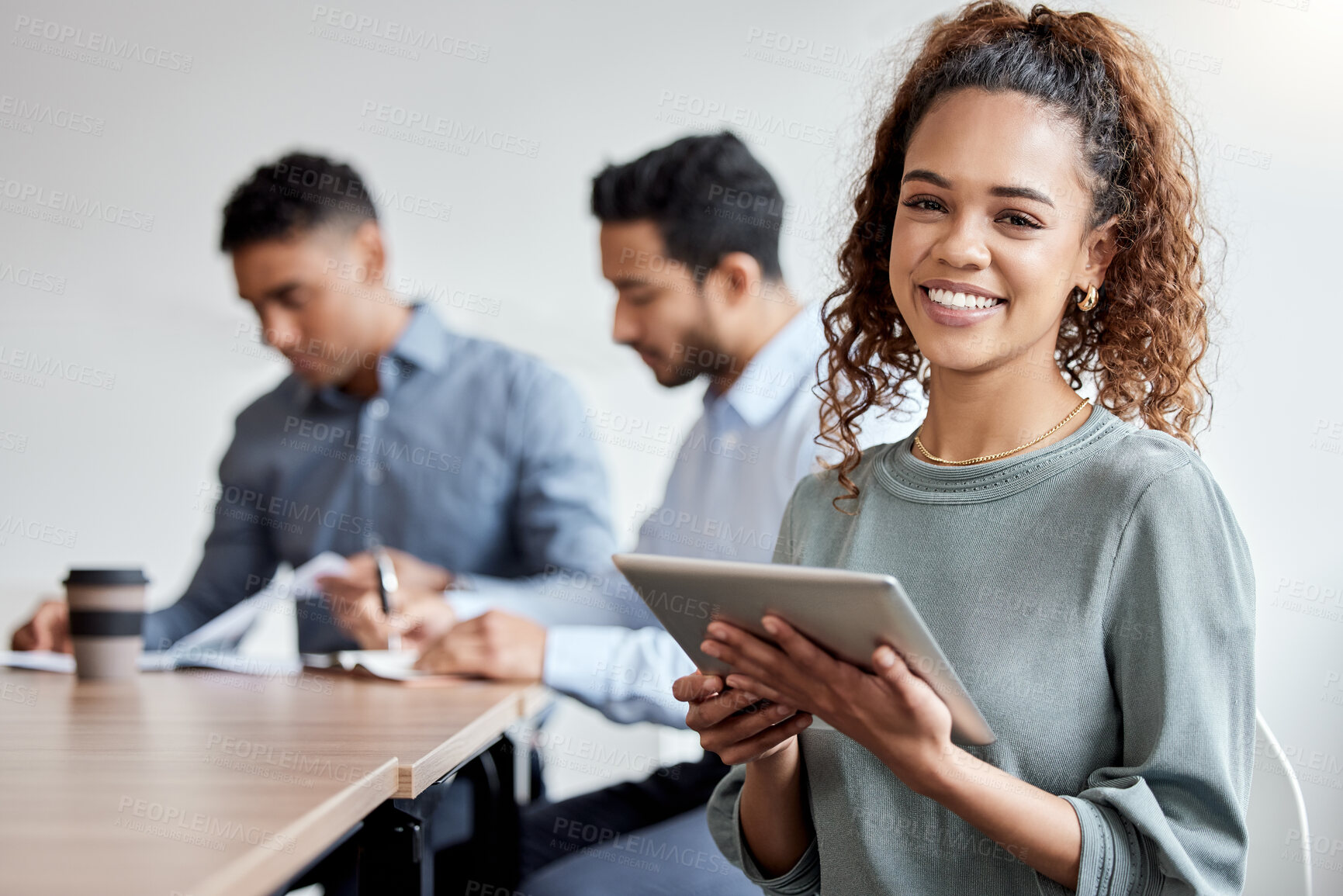 Buy stock photo Portrait, business and woman with tablet, smile and online schedule for team in professional office . About us, workshop and happy businesswoman on digital app for project management in meeting room