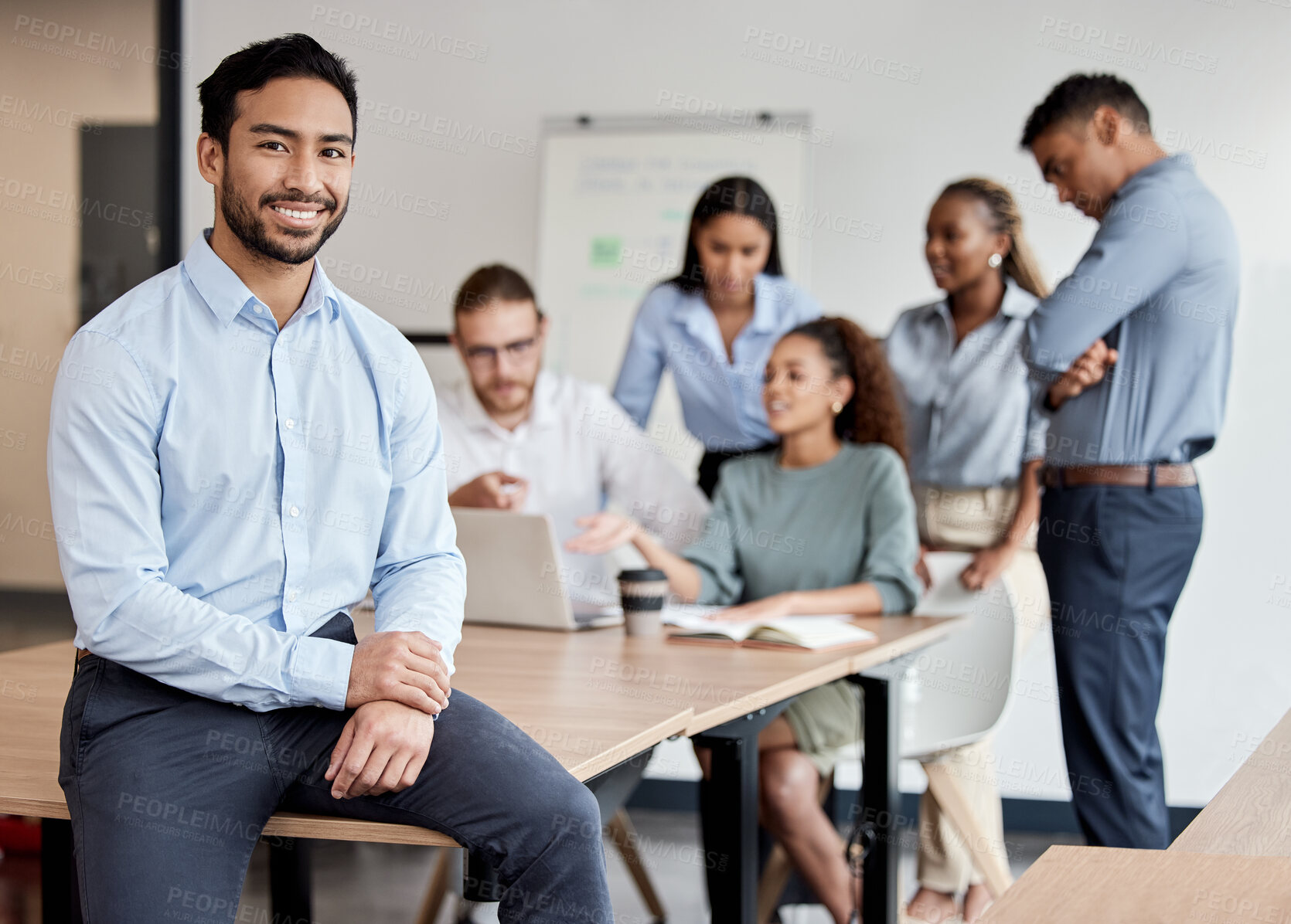 Buy stock photo Portrait, leadership and businessman with confidence, smile and support for office teamwork at presentation. About us, project management and happy man with opportunity in meeting room for workshop.