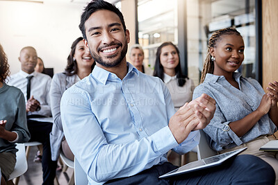 Buy stock photo Portrait, applause and business man in a crowd with a group of people clapping for a victory or achievement. Winner, wow and motivation with a team of employees in a coaching or training seminar