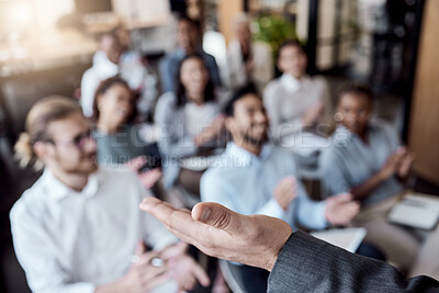 Buy stock photo Speaker, hand and talking in business training presentation, seminar or speaking to professional conference meeting. People, audience applause or group of workers at corporate tradeshow or workshop