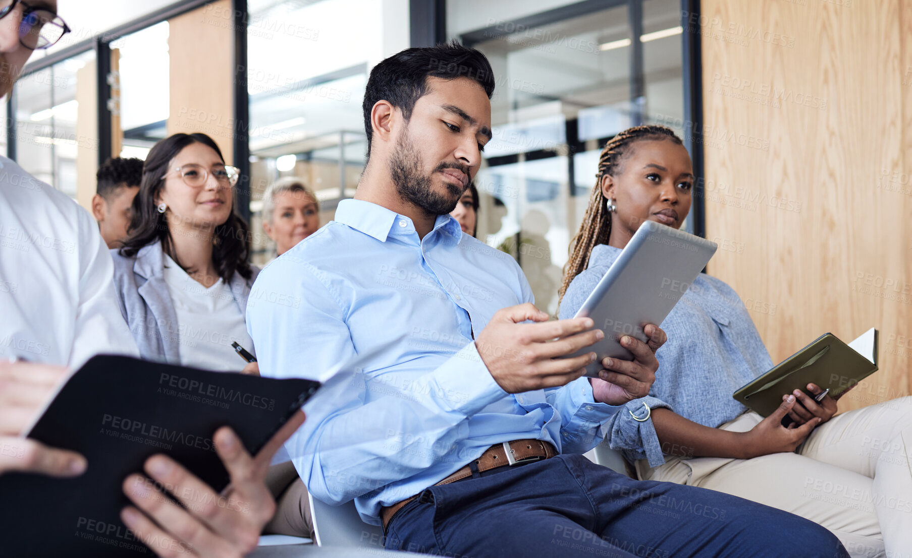 Buy stock photo Staff, group and business people in a conference room, audience and seminar for corporate training, listening and diversity. Team, man and woman with notebook, tablet and workshop for development