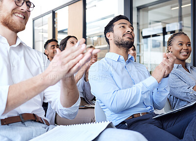 Buy stock photo Applause, business people and audience at a conference, seminar or corporate workshop. Professional men and women group clapping in happy crowd for convention, training event and presentation success