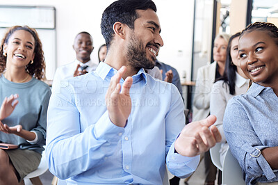 Buy stock photo Business people, clapping hands and audience in conference, seminar or corporate workshop. Professional men and women diversity group talk or applause for convention, training or presentation success