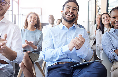 Buy stock photo Business people, laughing and audience applause at a conference, seminar or corporate workshop. Professional men and women group together in crowd for convention, training and presentation success