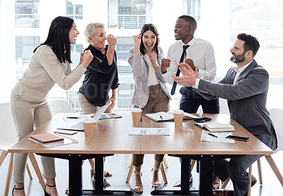 Buy stock photo Fist, teamwork or happy business people in celebration of goals, group mission or funding success. Partnership, smile or excited consultants in office for winning sale, motivation or bonus together