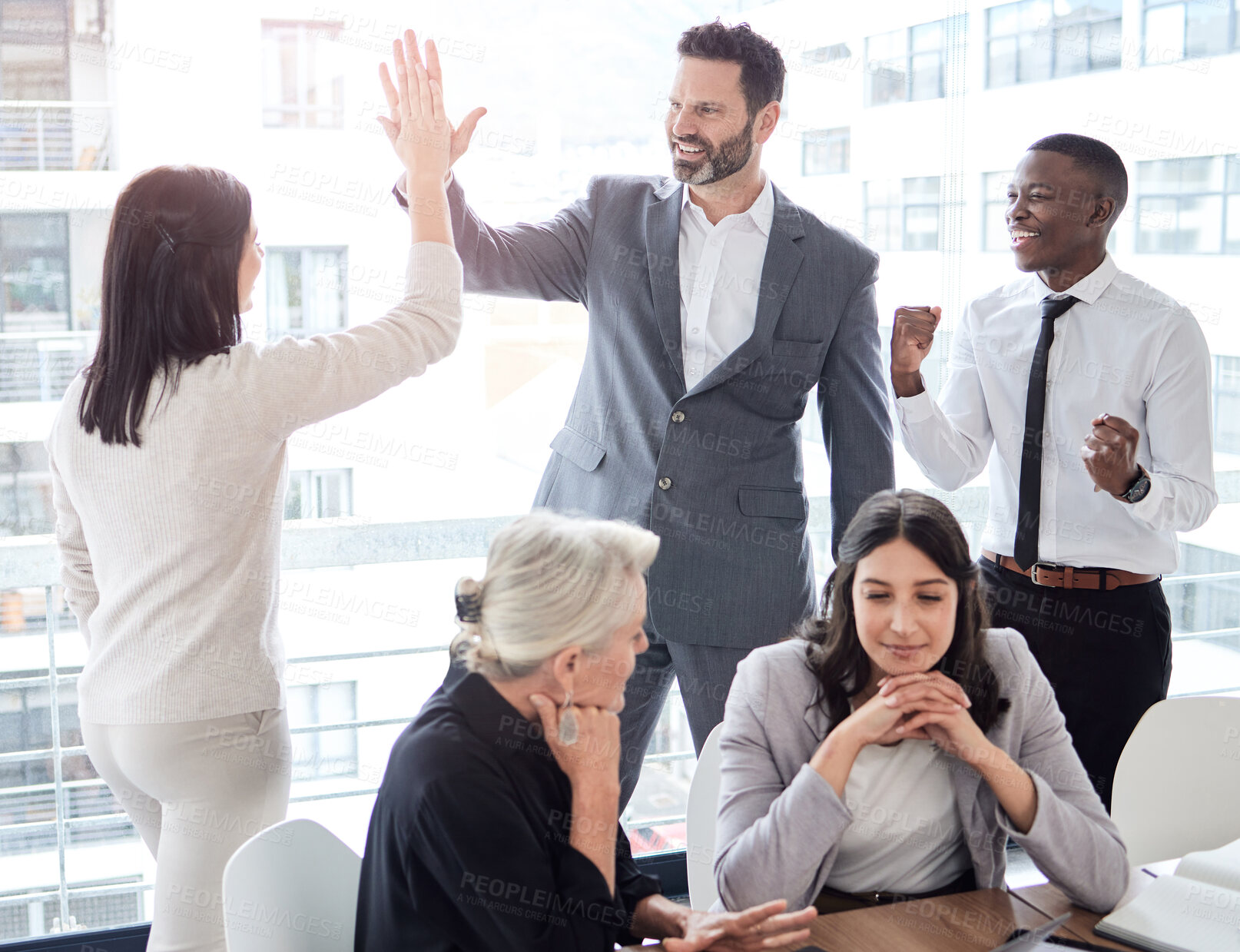 Buy stock photo High five, teamwork or excited business people with success celebration of goals, mission or funding. Partnership, smile or happy consultants in office for winning sales, motivation or bonus together