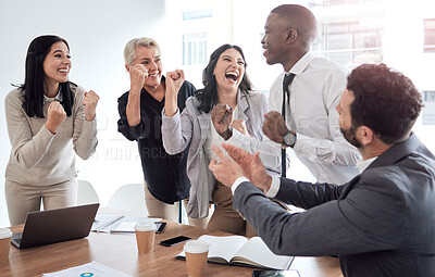 Buy stock photo Shot of a group of businesspeople cheering in a meeting at work