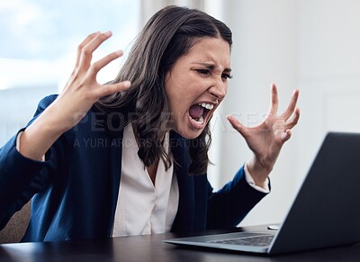 Buy stock photo Professional, woman and shouting with anger with laptop at the office with problem online work. Female employee, frustrated and shout at computer with stress, screaming, angry at a corporate company.