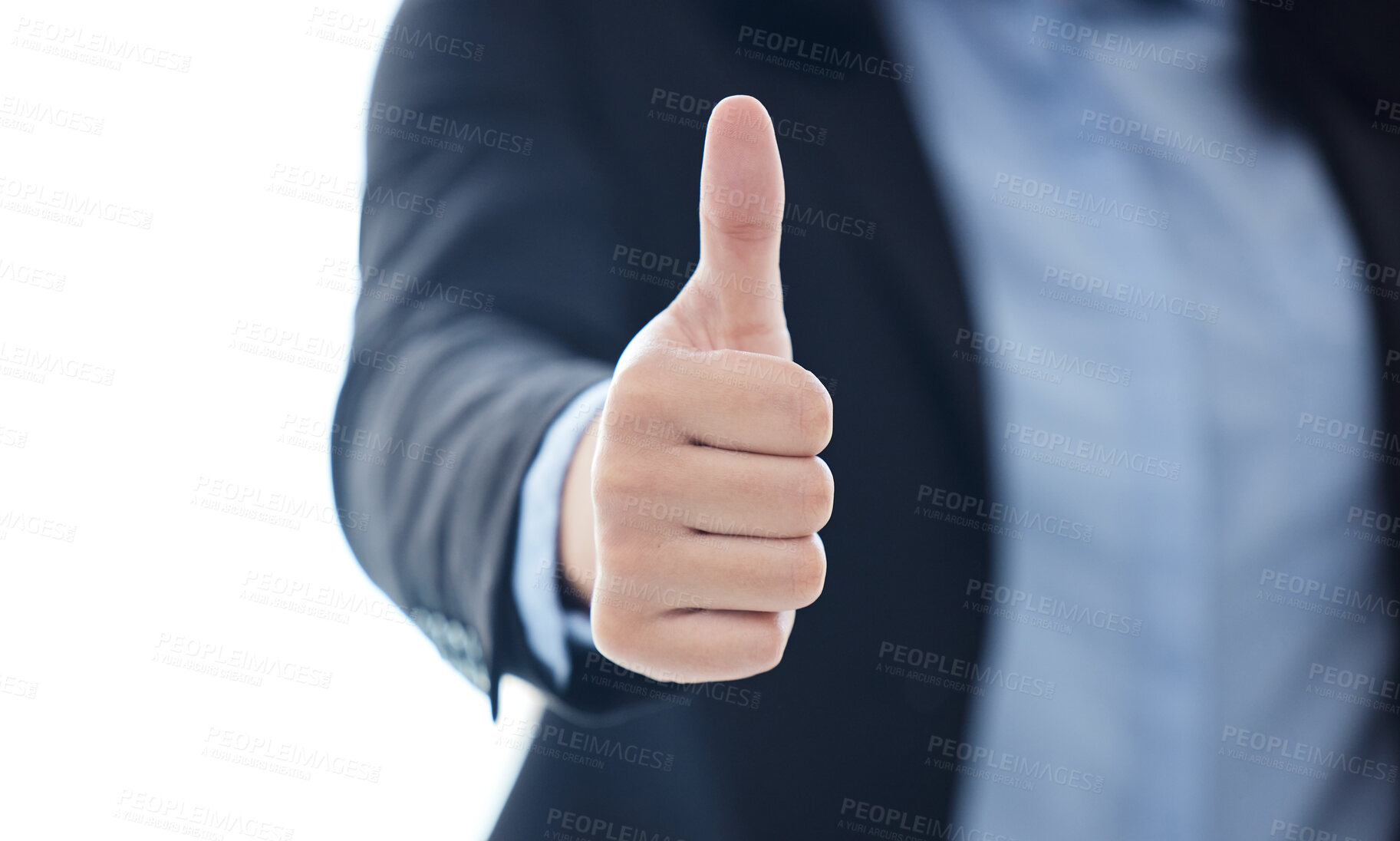 Buy stock photo Hand, business and person with thumbs up, support and review with agreement, feedback and like sign. Closeup, employee and consultant with gesture, agreement and thank you with emoji, icon and symbol